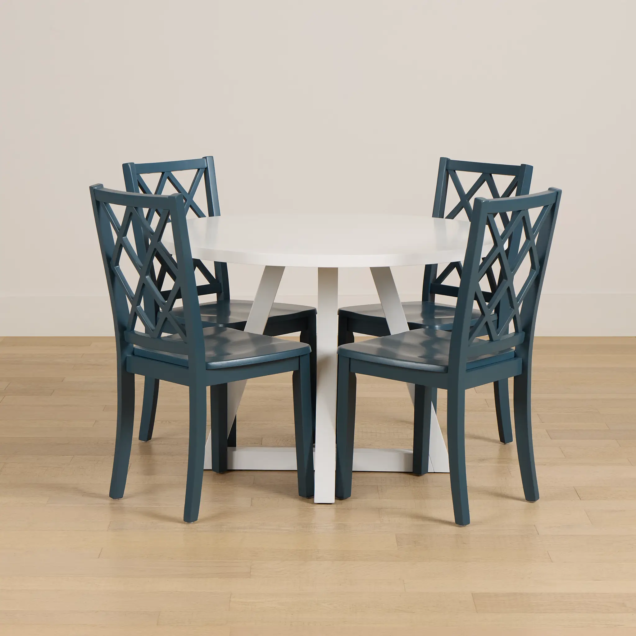 Edgartown White Round Table & 4 Navy Wood Chairs Edgartown White Round Table & 4 Navy Wood Chairs