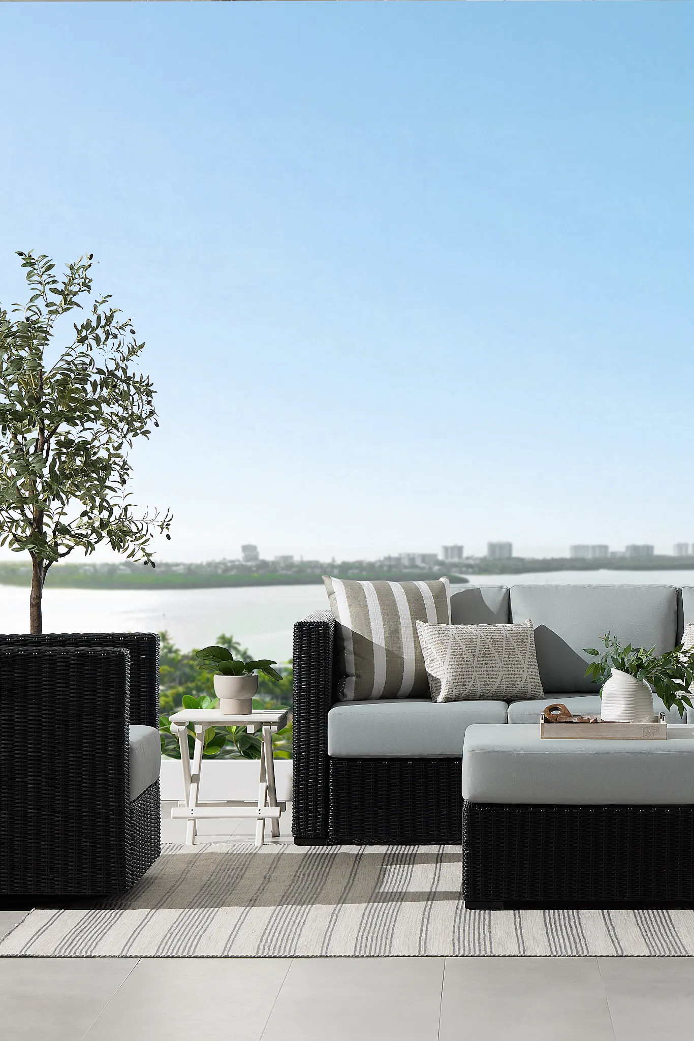 Montecito Black Sofa With Light Blue Cushions