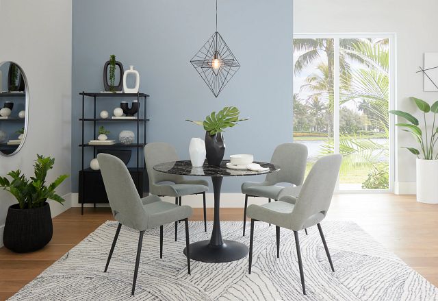 Brela Black Round Table & 4 Gray Upholstered Chairs