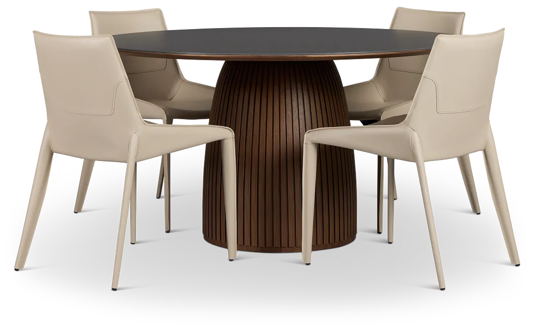 Wayne Two-tone Stone Round Table & 4 Light Beige Upholstered Chairs