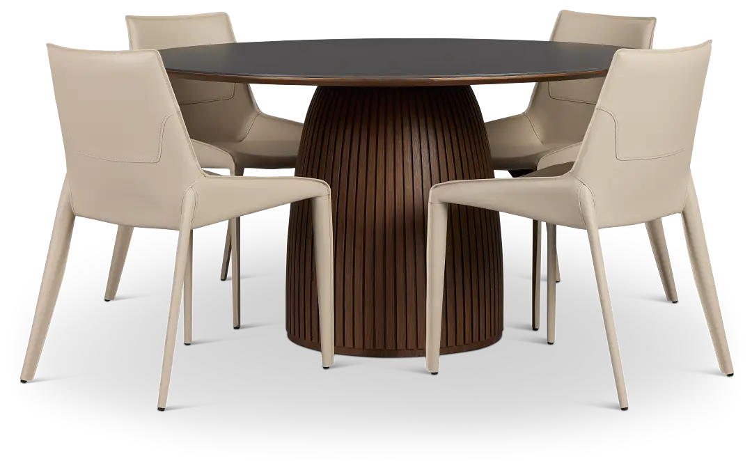 Wayne Two-tone Stone Round Table & 4 Light Beige Upholstered Chairs Wayne Two-tone Stone Round Table & 4 Light Beige Upholstered Chairs