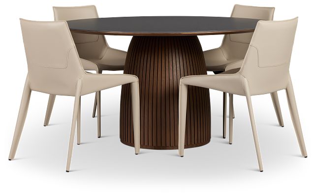 Wayne Two-tone Stone Round Table & 4 Light Beige Upholstered Chairs