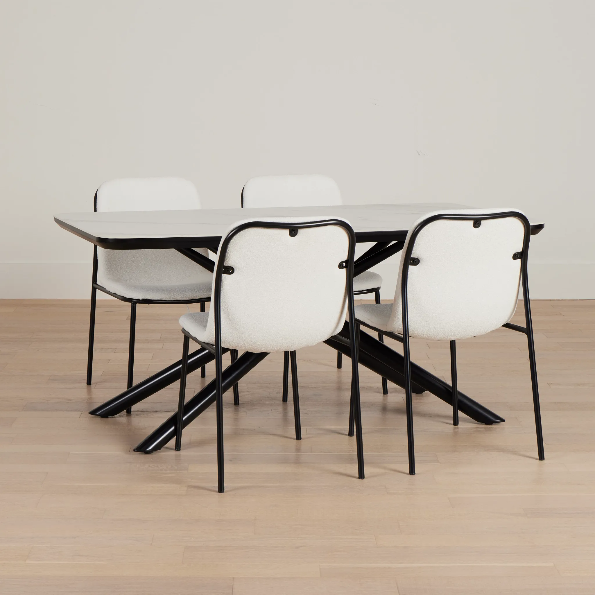 Palos White Rect Table & 4 White Upholstered Chairs