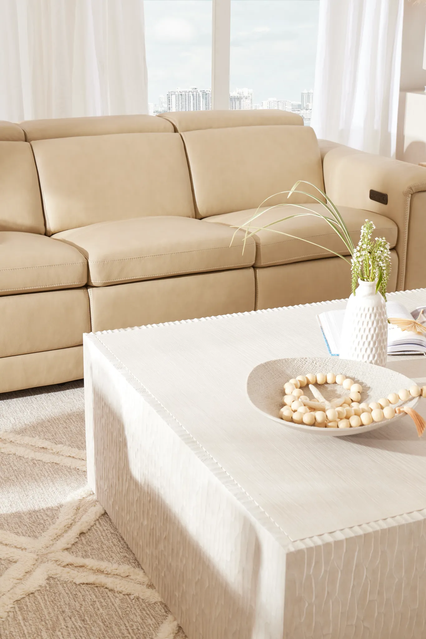 Ainsley Beige Leather Power Reclining Sofa