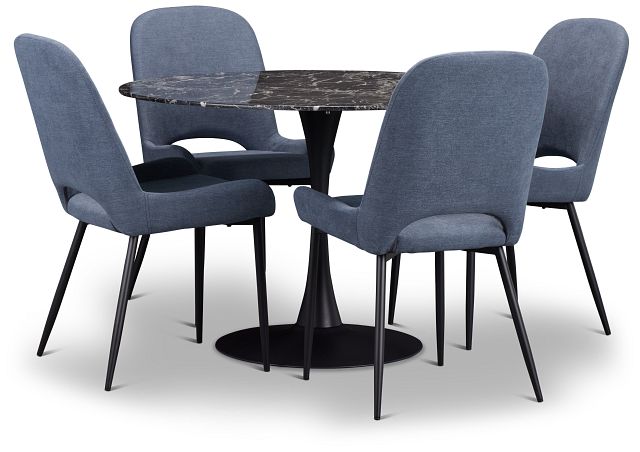 Brela Black Marble Round Table & 4 Dark Blue Upholstered Chairs (1)