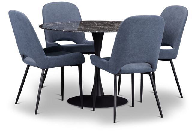 Brela Black Marble Round Table & 4 Dark Blue Upholstered Chairs