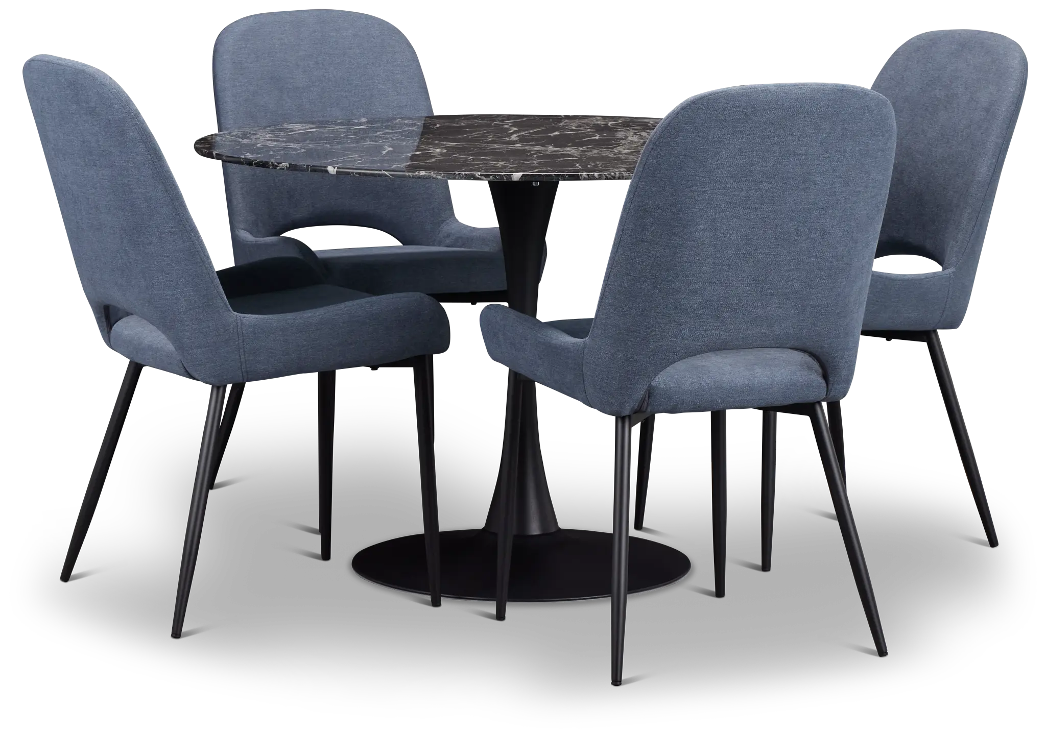 Brela Black Round Table & 4 Dark Blue Upholstered Chairs Brela Black Round Table & 4 Dark Blue Upholstered Chairs