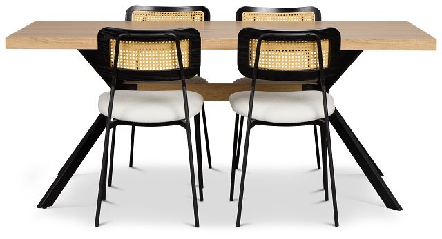 Lynden Light Tone Rect Table & 4 White Woven Upholstered Side Chairs