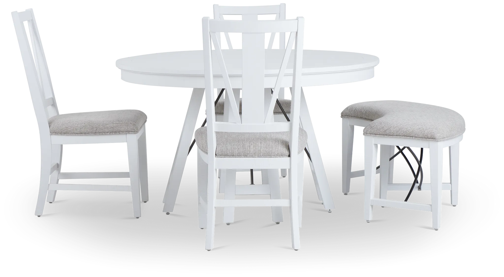 Heron Cove White Round Table, 3 Chairs & Bench