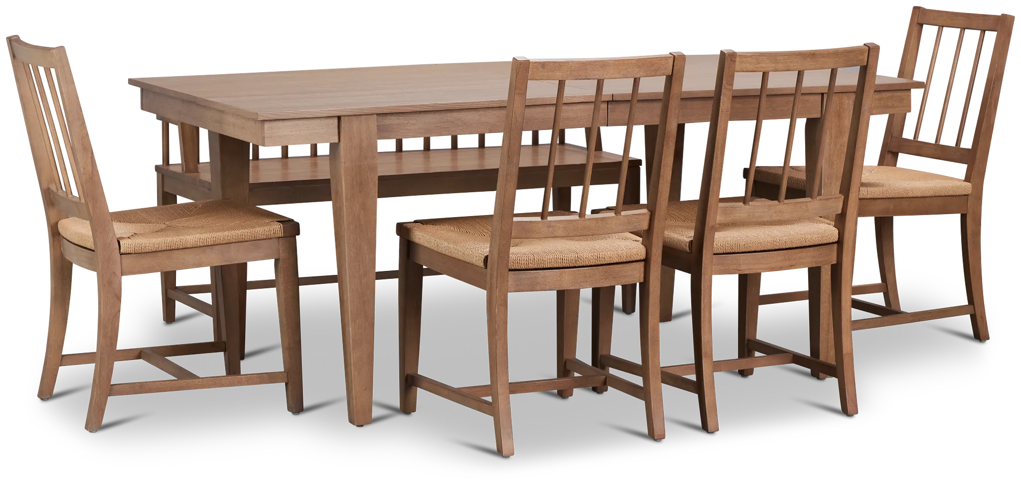 Provo Mid Tone Rect Table, 4 Woven Chairs & Bench