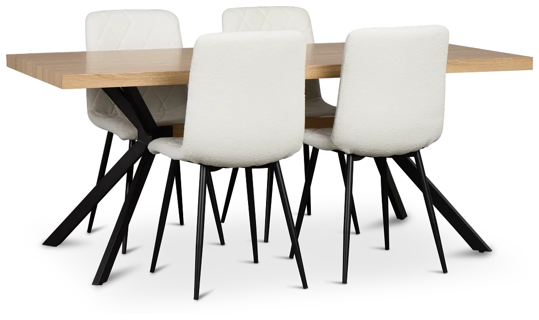 Lynden Light Tone Rect Table & 4 White Upholstered Side Chairs