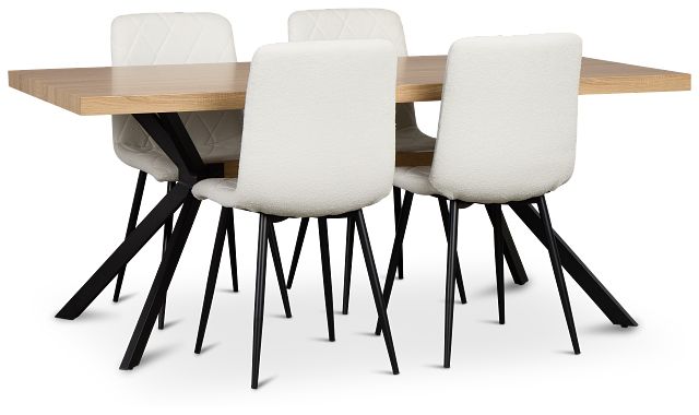 Lynden Light Tone Rect Table & 4 White Upholstered Side Chairs