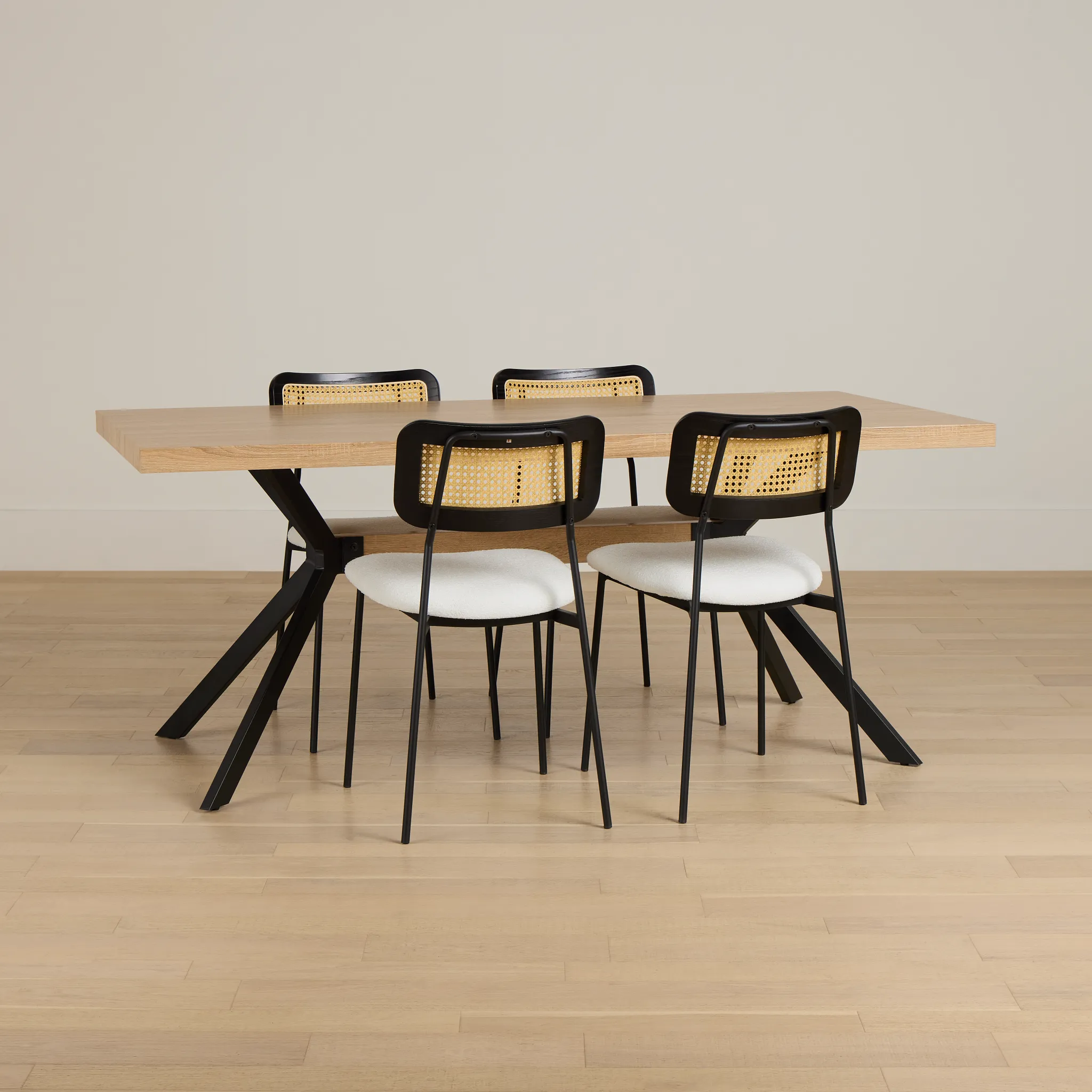 Lynden Light Tone Rect Table & 4 White Woven Upholstered Side Chairs