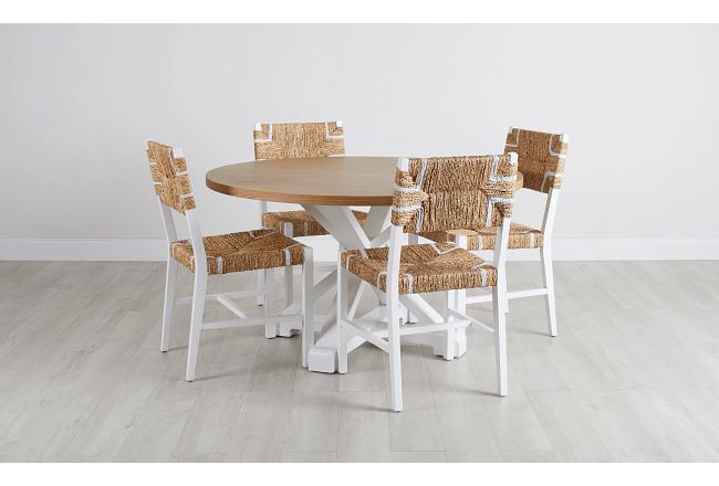 Nantucket Two-tone Light Tone Round Table & 4 Woven Chairs