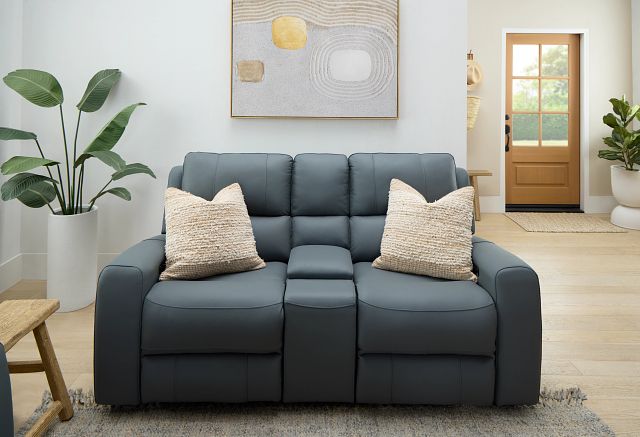 Summit Blue Lthr/vinyl Power Reclining Console Loveseat W/ Power Headrest
