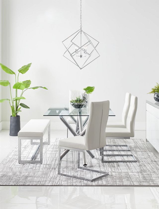Quincy Glass White Table, 4 Chairs & Bench