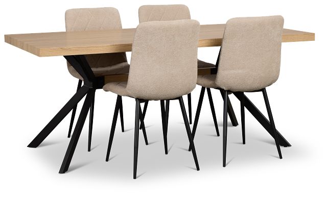 Lynden Light Tone Rect Table With 4 Beige Upholstered Side Chairs