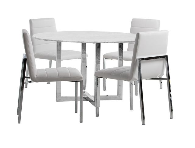 Amalfi White Marble Round Table & 4 Upholstered Chairs