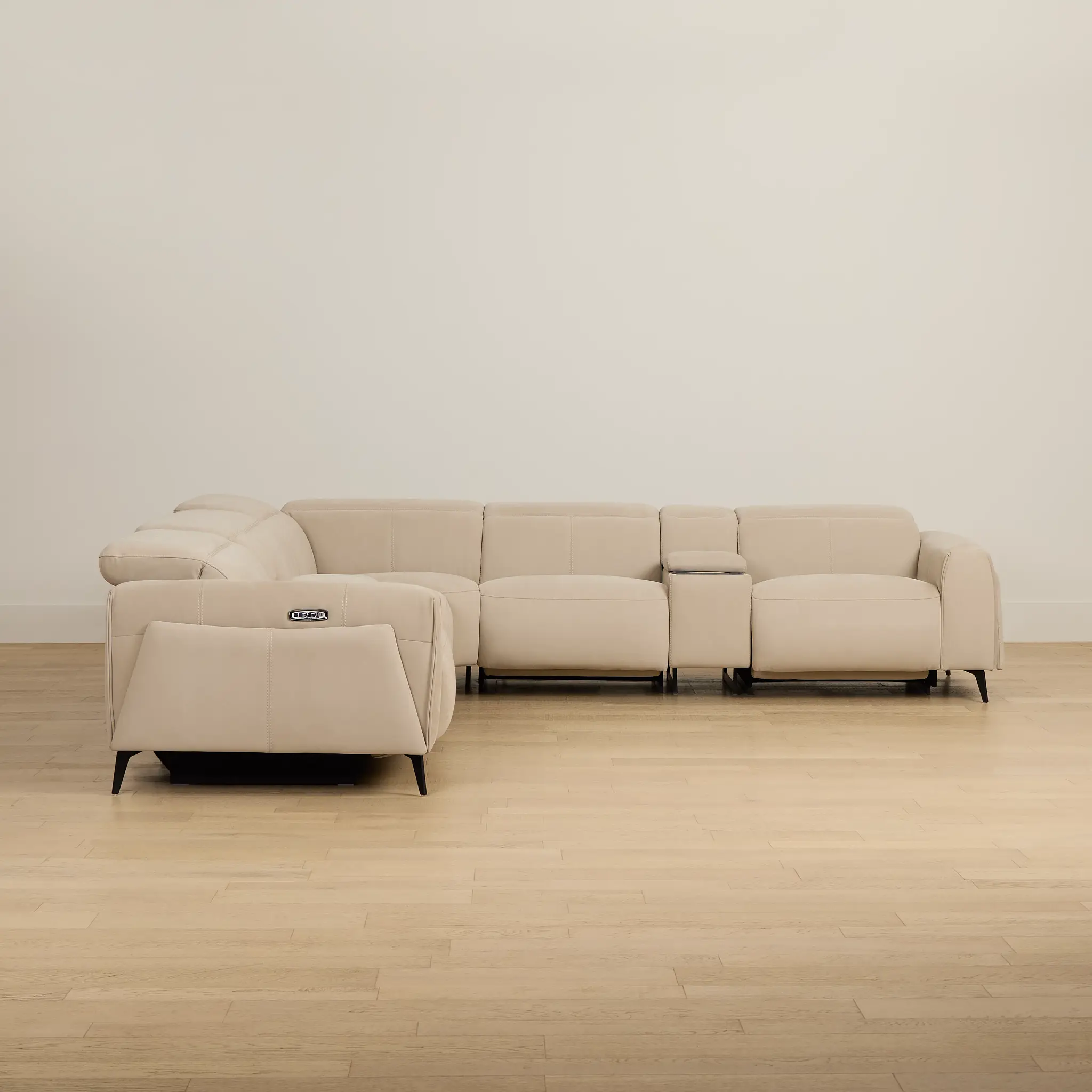 Reyna Beige Micro Large Triple Power Reclining Two-arm Sectional Reyna Beige Micro Large Triple Power Reclining Two-arm Sectional