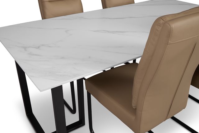 Paxton White Rect Table & 4 Taupe Upholstered Chairs