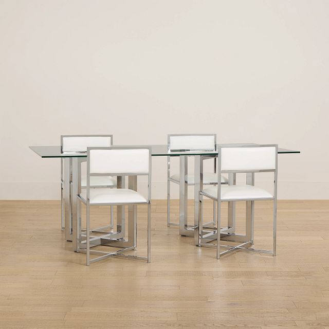 Amalfi White Glass Rectangular Table & 4 Metal Chairs