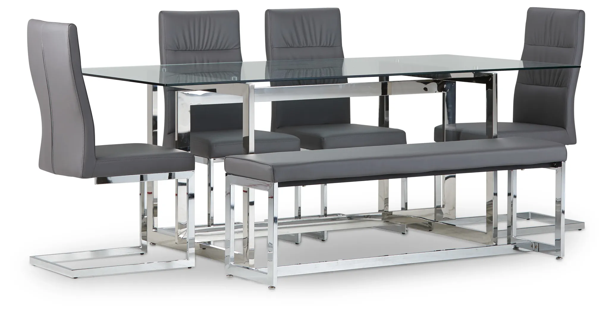 Bronx Glass Gray Table, 4 Chairs & Bench