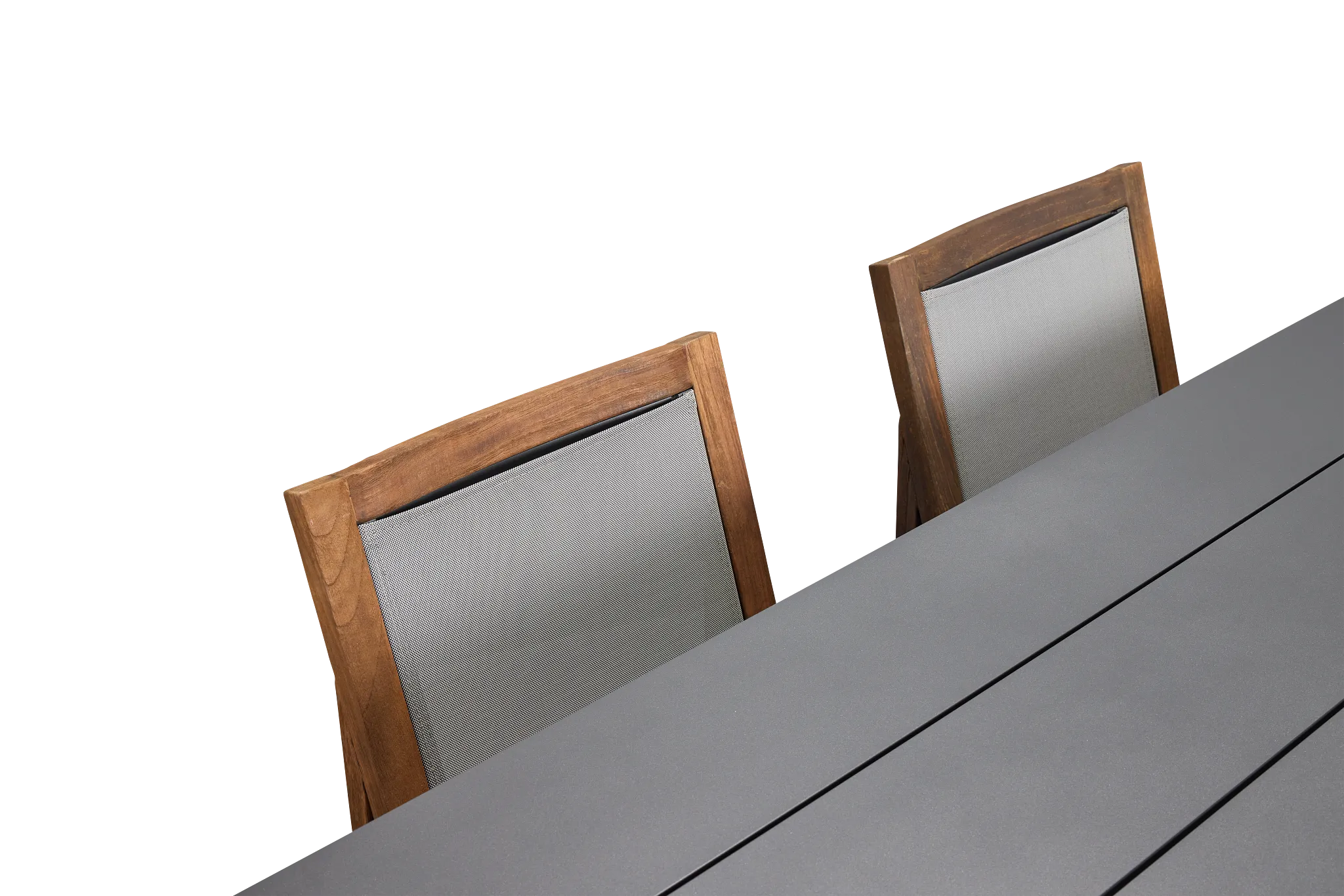 Linear Dark Gray 87" Aluminum Table & 4 Teak Sling Side Chairs