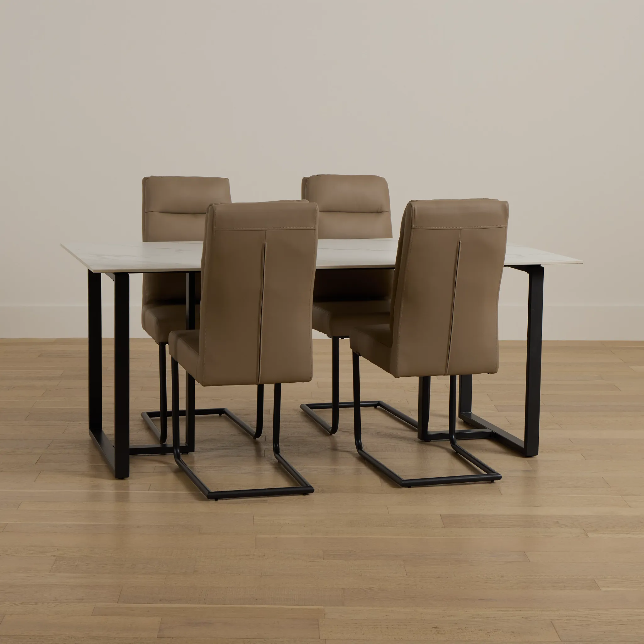 Paxton White Rect Table & 4 Taupe Upholstered Chairs