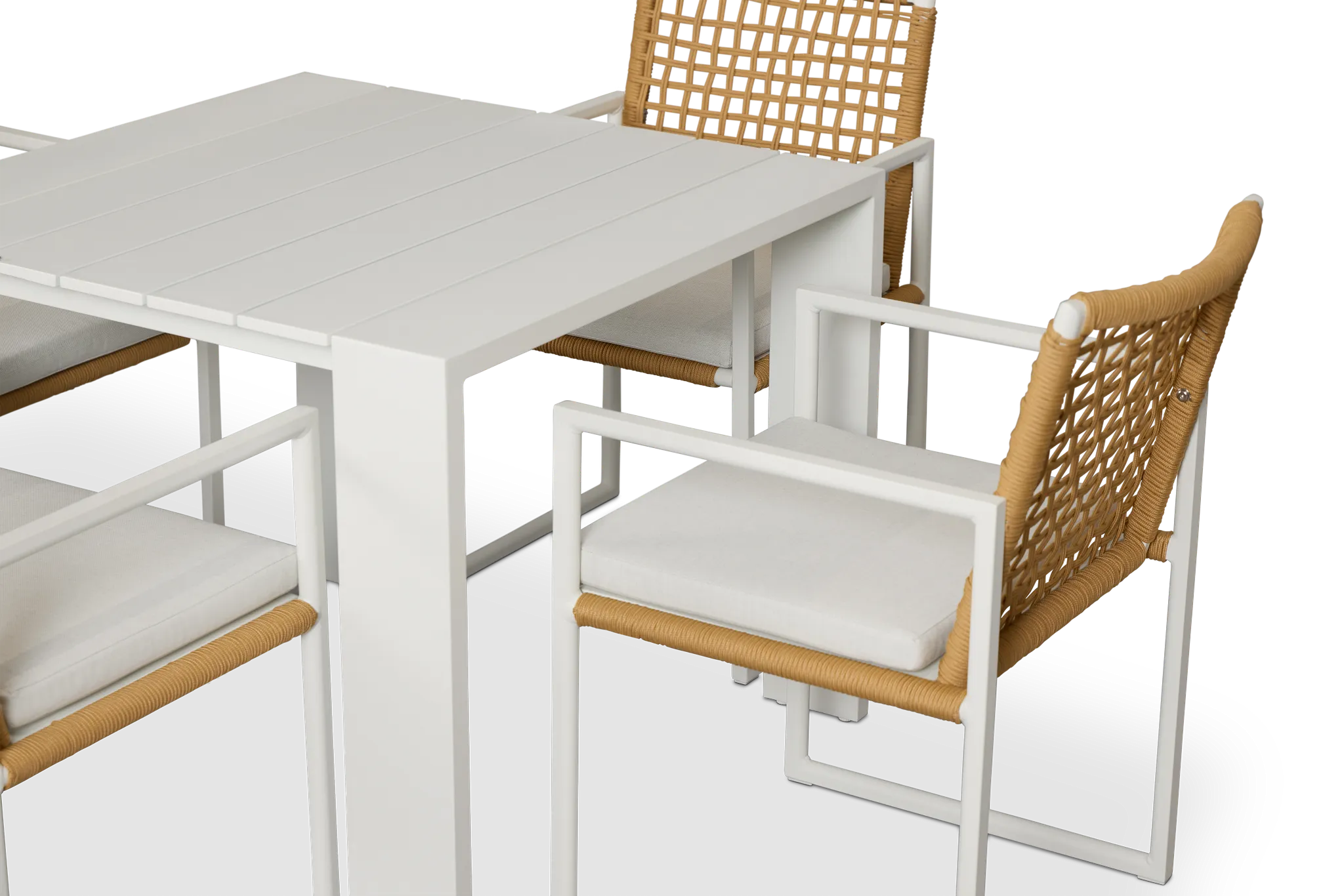 Sunrise White 35" Square Table & 4 Aluminum Arm Chairs