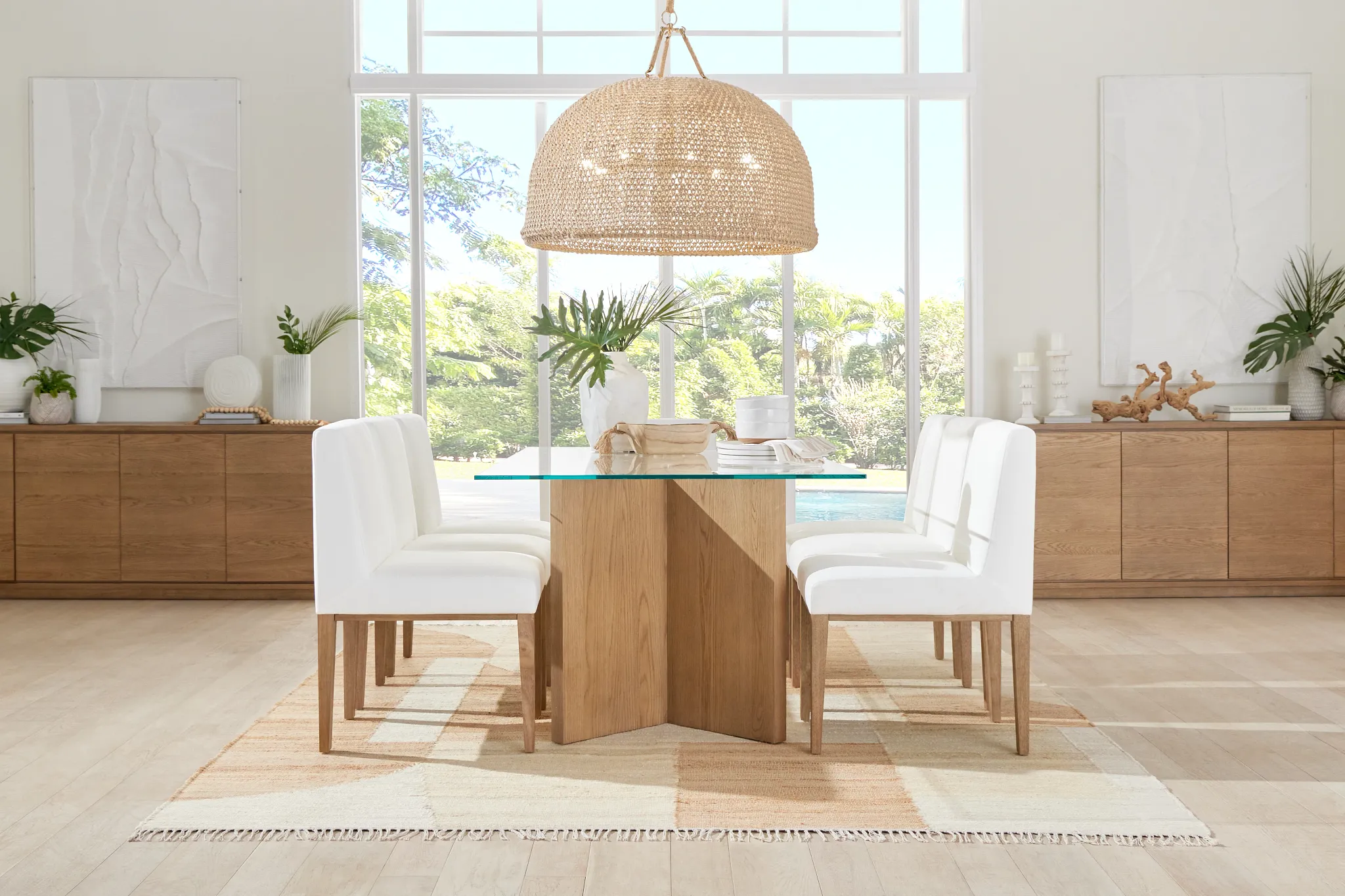 Haven Glass 80" Rectangular Table & 4 Upholstered Chairs