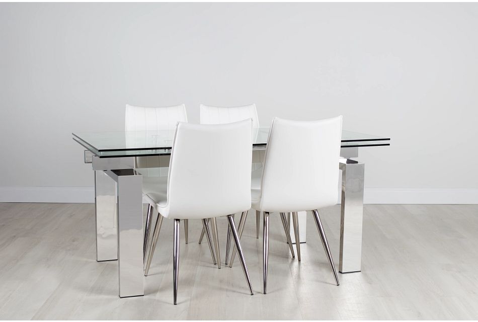 Wynwood Metal Rect Table 4 White Upholstered Chairs Dining Room Dining Sets City Furniture