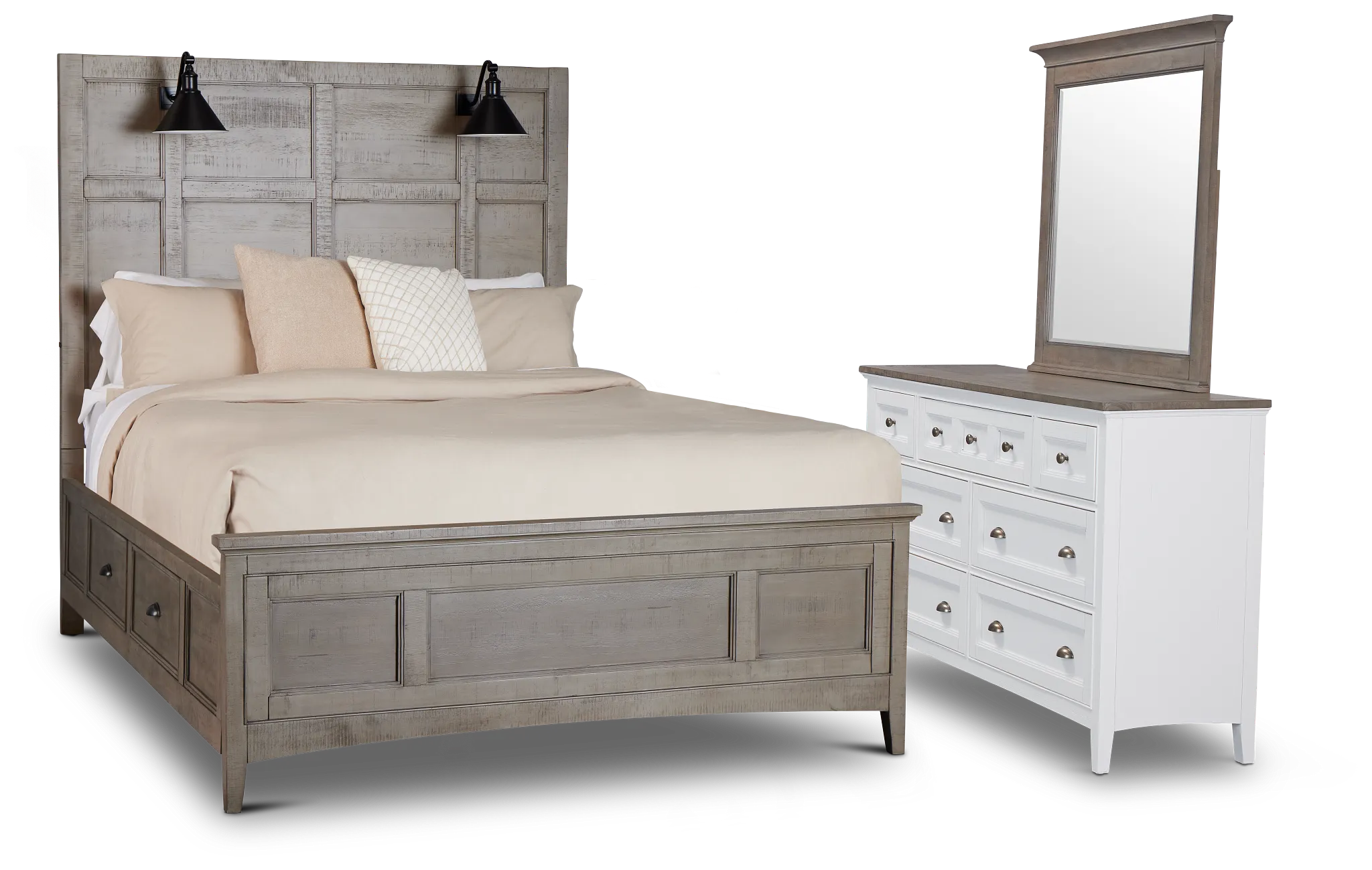 Heron Cove Light Tone Storage Panel Lighted Bedroom With Two-tone Cases
