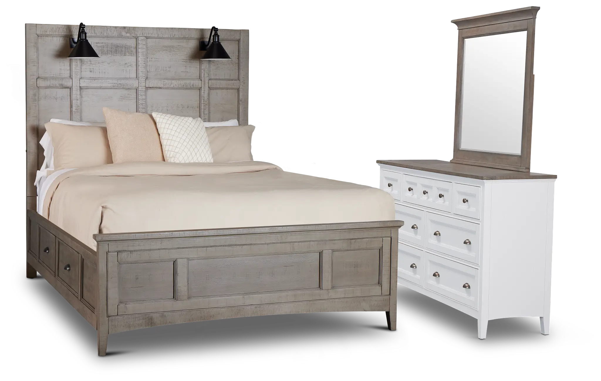 Heron Cove Light Tone Storage Panel Lighted Bedroom With Two-tone Cases Heron Cove Light Tone Storage Panel Lighted Bedroom With Two-tone Cases
