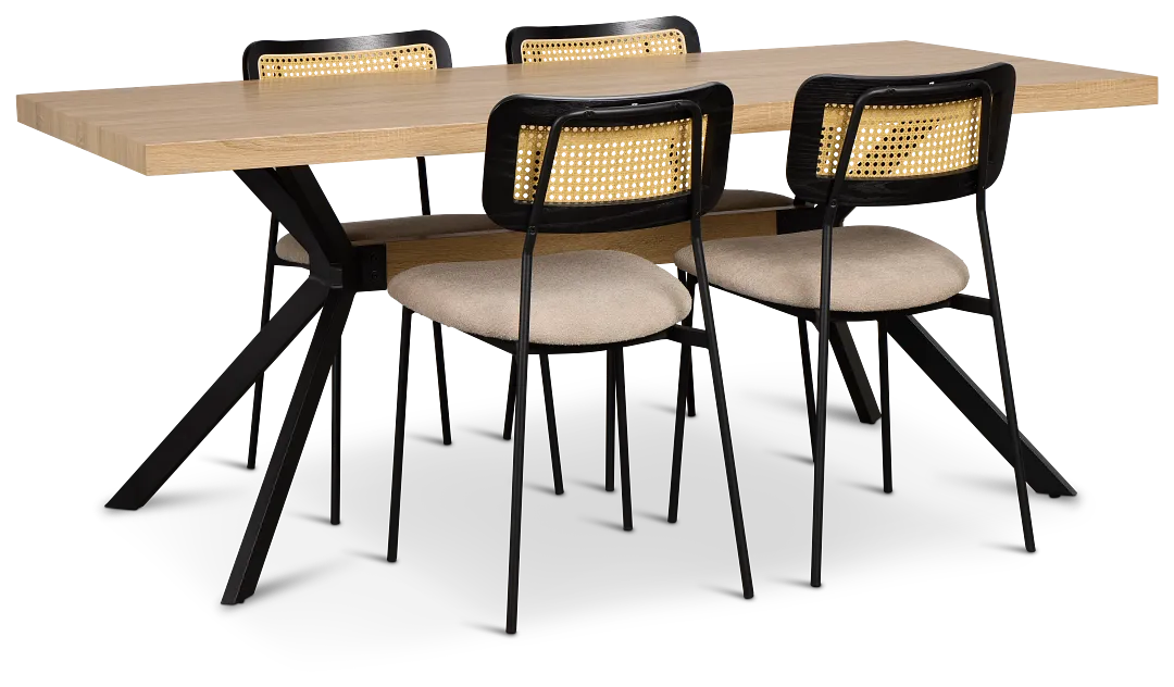 Lynden Light Tone Rect Table & 4 Beige Woven Upholstered Side Chairs