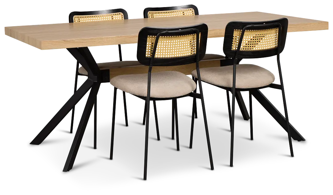 Lynden Light Tone Rect Table & 4 Beige Woven Upholstered Side Chairs Lynden Light Tone Rect Table & 4 Beige Woven Upholstered Side Chairs