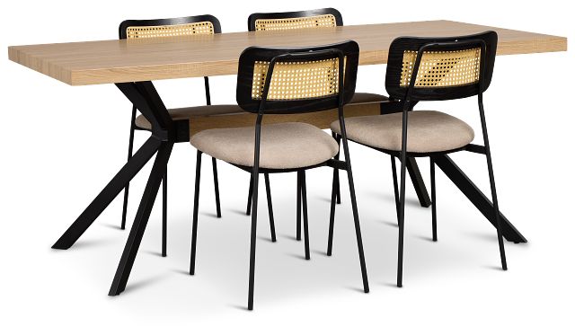 Lynden Light Tone Rect Table & 4 Beige Woven Upholstered Side Chairs