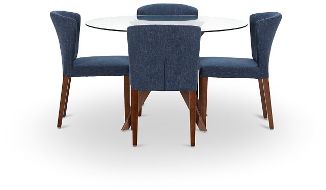Fresno Glass Dk Blue Round Table & 4 Upholstered Chairs