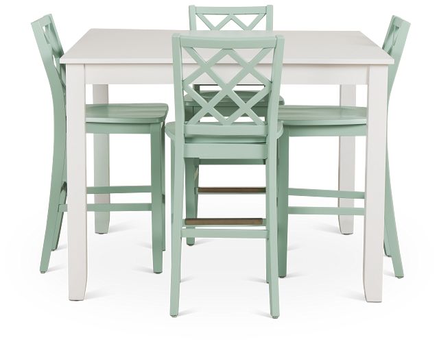 Edgartown White Square High Table & 4 Light Blue Wood Barstools