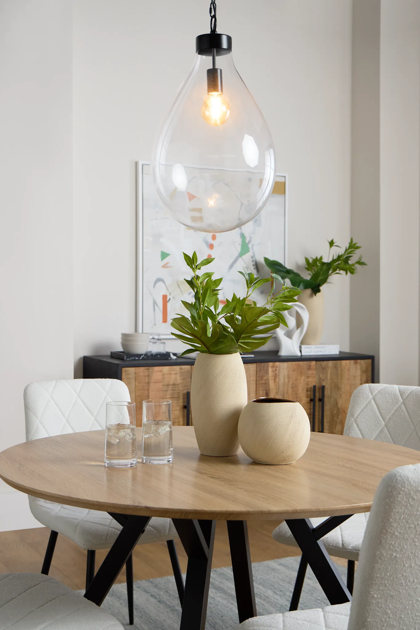 Lynden Light Tone Round Table & 4 White Upholstered Side Chairs