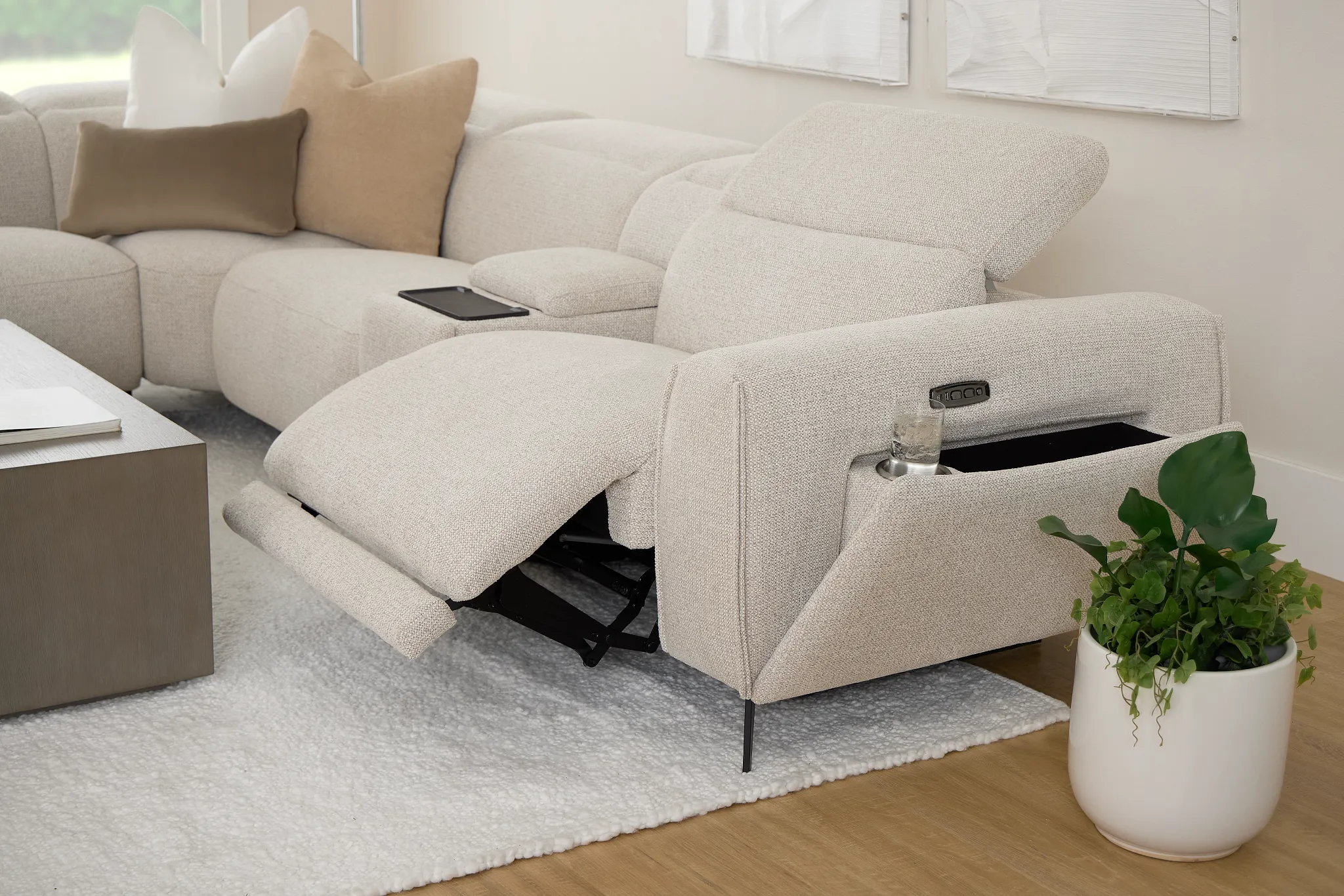 Reyna Light Beige Fabric Medium Triple Power 2-arm Sectional