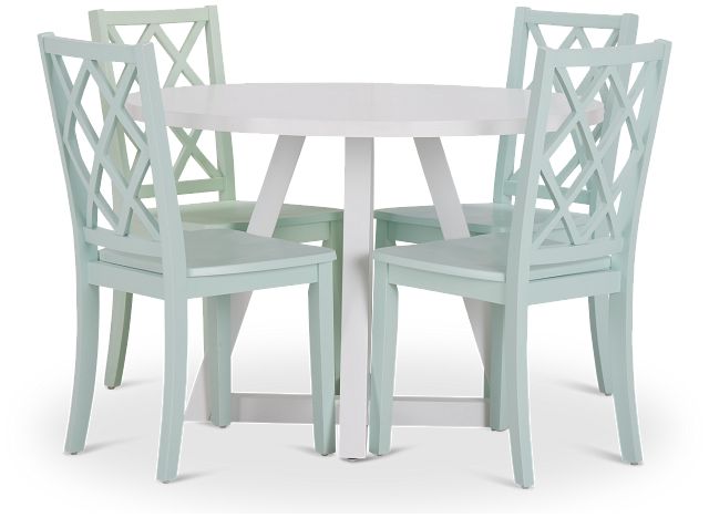 Edgartown White Round Table & 4 Light Blue Wood Chairs