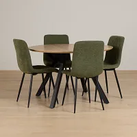 Lynden Light Tone Round Table & 4 Green Upholstered Side Chairs
