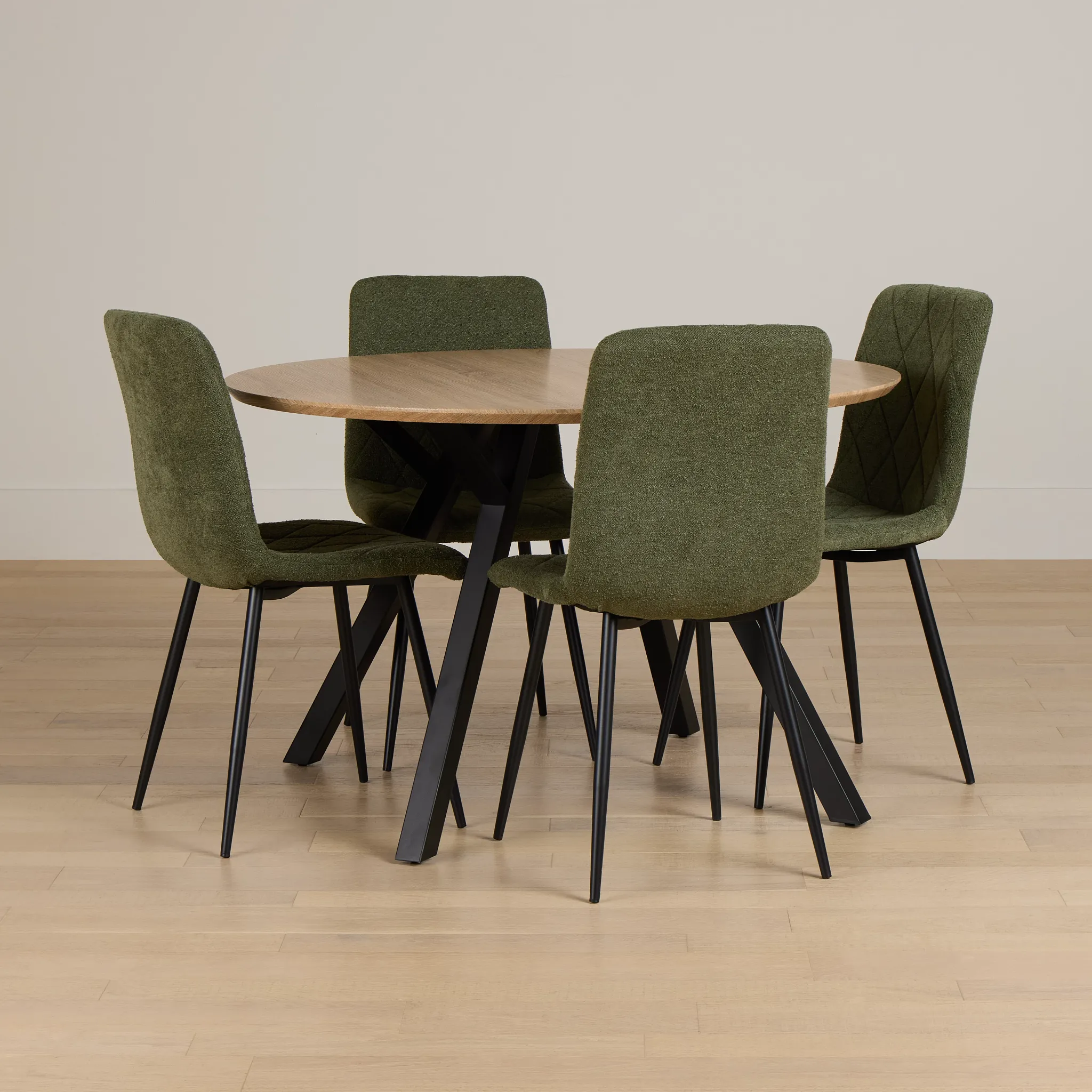 Lynden Light Tone Round Table & 4 Green Upholstered Side Chairs