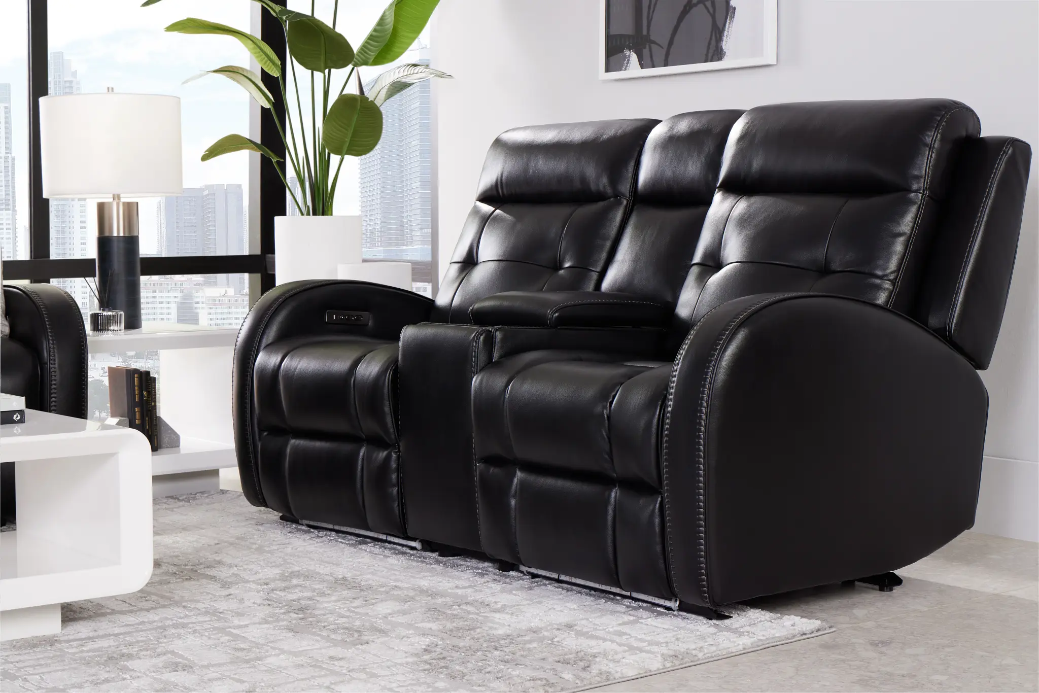 Omega Black Micro Power Reclining Console Loveseat Omega Black Micro Power Reclining Console Loveseat