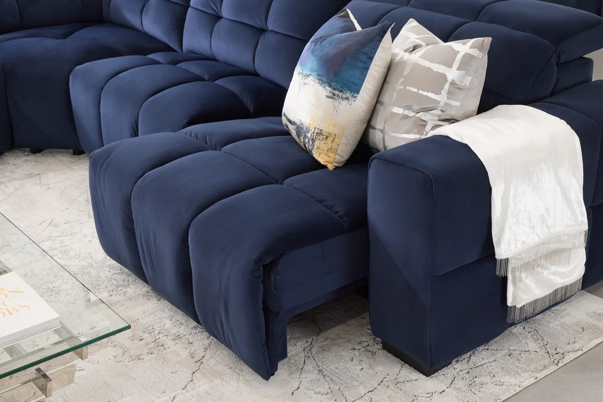 Gemma Navy Velvet Medium Triple Power Right Chaise Sectional Gemma Navy Velvet Medium Triple Power Right Chaise Sectional