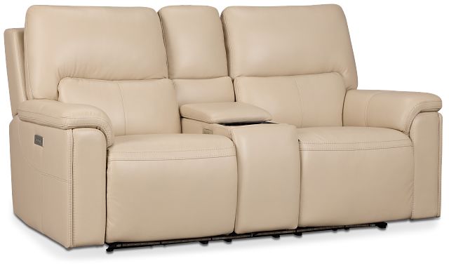 Fallon Beige Lthr/vinyl Power Reclining Console Loveseat W/ Massage