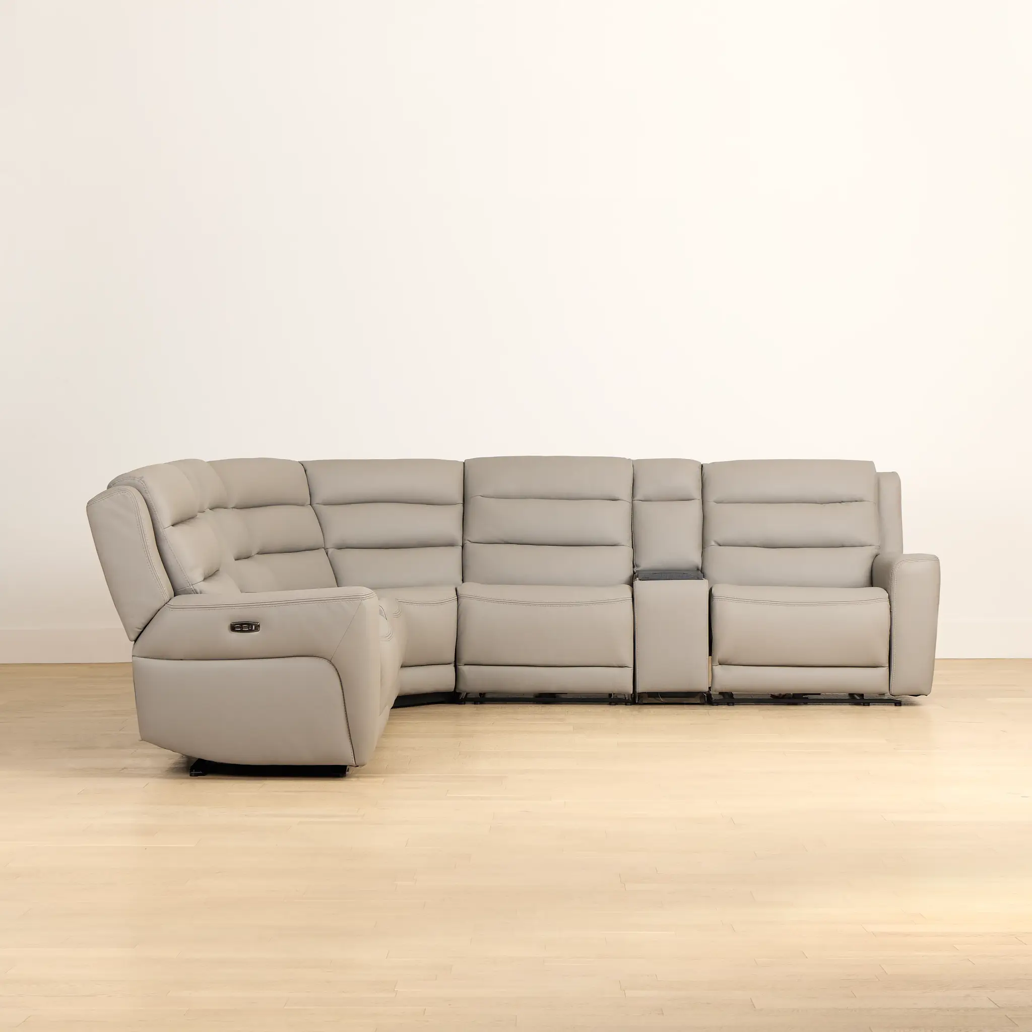 Wilder Taupe Leather Large Tri Power Sectional W/refrigerated Console Wilder Taupe Leather Large Tri Power Sectional W/refrigerated Console