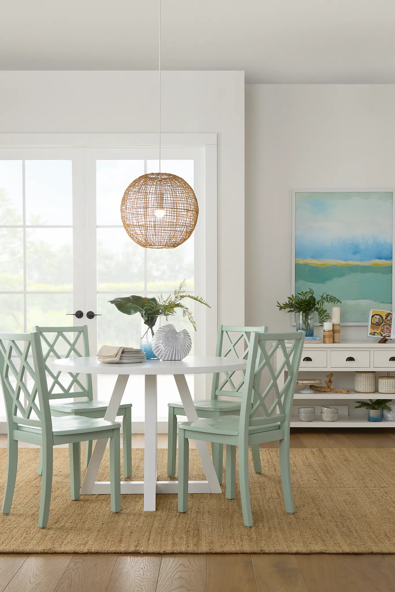 Edgartown White Round Table & 4 Light Blue Wood Chairs Edgartown White Round Table & 4 Light Blue Wood Chairs
