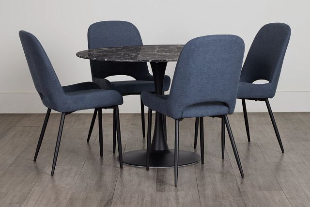 Brela Black Round Table & 4 Dark Blue Upholstered Chairs