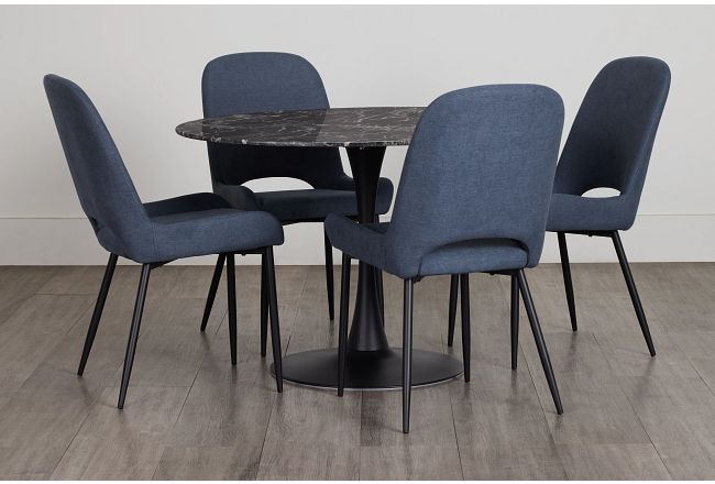 Brela Black Marble Round Table & 4 Dark Blue Upholstered Chairs